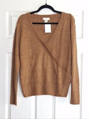 H&M Tan Brown Deep V-Neck Pullover Long Sleeve Sweater